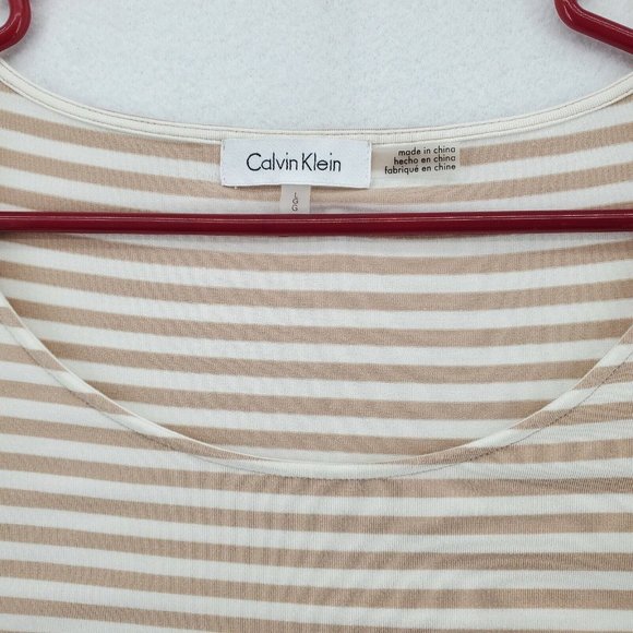 Calvin Klein Top Women's Long Sleeve Scoop Neck Striped T-Shirt Tan White Large - Picture 7 of 12